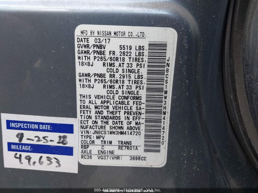 2017 Infiniti Qx70 VIN: JN8CS1MW3HM414720 Lot: 44031075