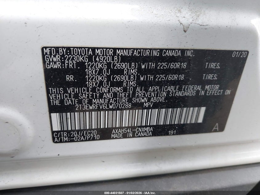 VIN 2T3EWRFV6LW070288 2020 TOYOTA RAV4 HYBRID XSE