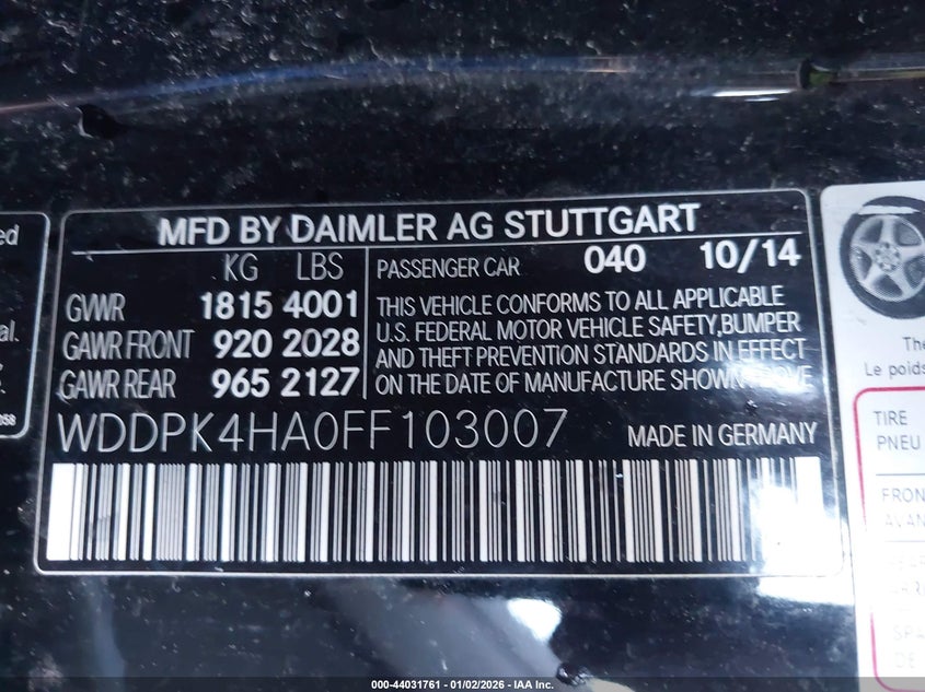 2015 Mercedes-Benz Slk 250 VIN: WDDPK4HA0FF103007 Lot: 44031761