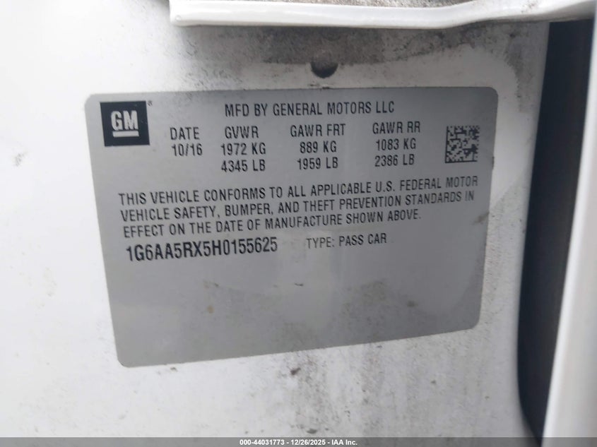 2017 Cadillac Ats Standard VIN: 1G6AA5RX5H0155625 Lot: 44031773