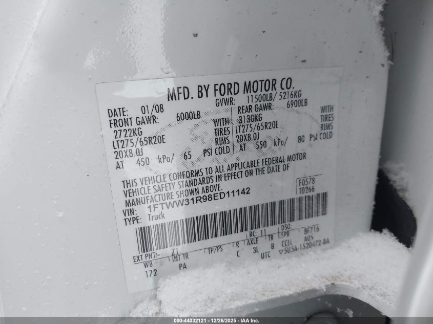 2008 Ford F-350 Fx4/Harley-Davidson/King Ranch/Lariat/Xl/Xlt VIN: 1FTWW31R98ED11142 Lot: 44032121