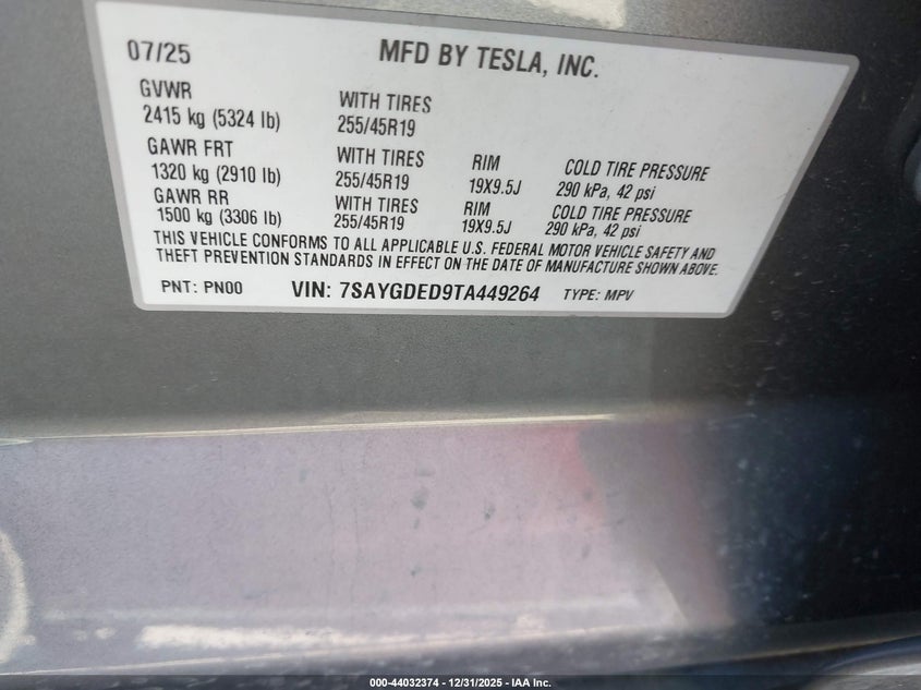 VIN 7SAYGDED9TA449264 2026 TESLA MODEL Y PREMIUM REAR-WHEEL DRIVE