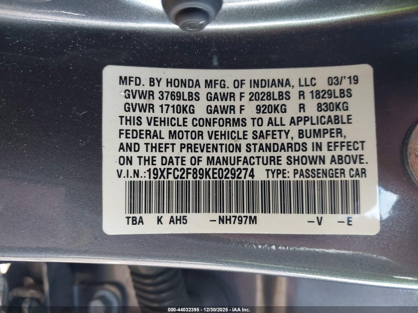 VIN 19XFC2F89KE029274 2019 HONDA CIVIC SPORT