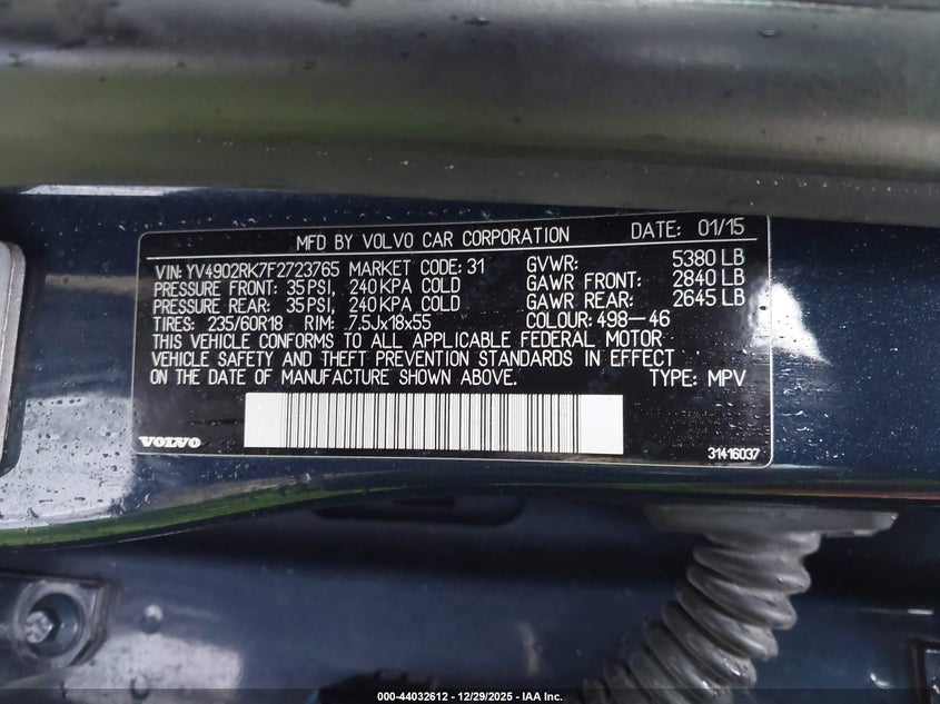 2015 Volvo Xc60 T6 VIN: YV4902RK7F2723765 Lot: 44032612