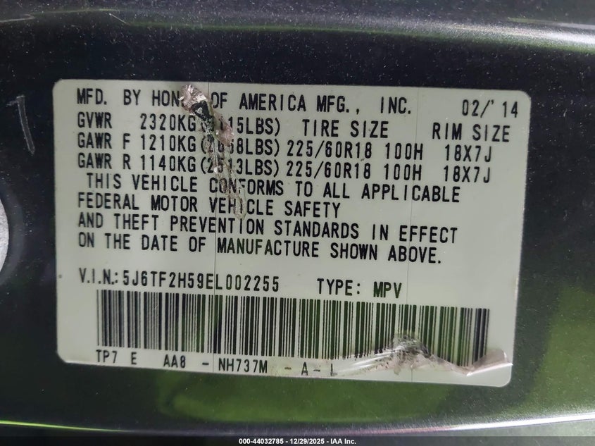 2014 Honda Crosstour Ex-L V6 VIN: 5J6TF2H59EL002255 Lot: 44032785