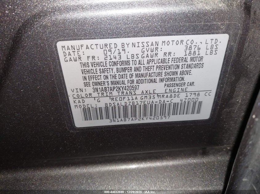 VIN 3N1AB7AP2KY420597 2019 NISSAN SENTRA SV