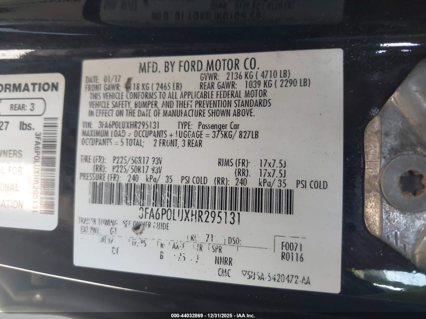 VIN 3FA6P0LUXHR295131 2017 FORD FUSION HYBRID SE