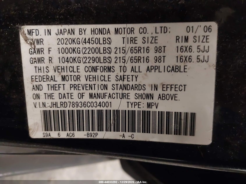 HONDA CRV 2006 VIN JHLRD78936C034001