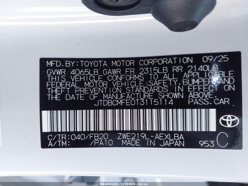 VIN JTDBCMFE0T3115114 2026 TOYOTA COROLLA HYBRID HYBRID LE