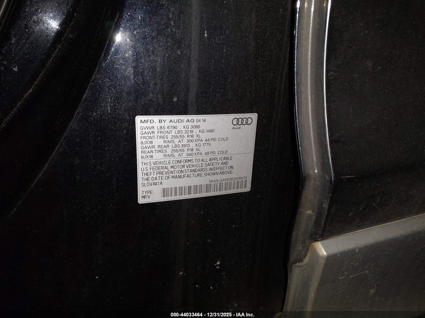 2014 Audi Q7 3.0T Premium VIN: WA1LGAFE0ED019174 Lot: 44033464