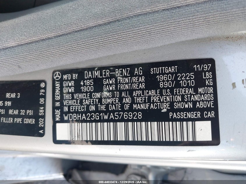 1998 Mercedes-Benz C 230 VIN: WDBHA23G1WA576928 Lot: 44033474