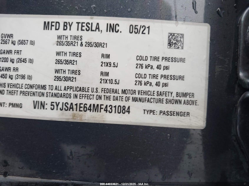 2021 Tesla Model S Plaid Tri Motor All-Wheel Drive VIN: 5YJSA1E64MF431084 Lot: 44033621