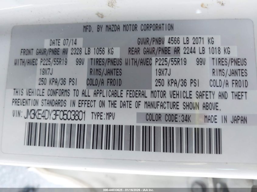 2015 Mazda Cx-5 Grand Touring VIN: JM3KE4DY3F0503801 Lot: 44033625