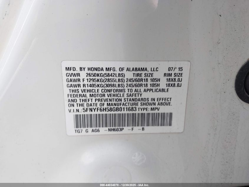 2016 Honda Pilot Ex-L VIN: 5FNYF6H58GB011683 Lot: 44034078