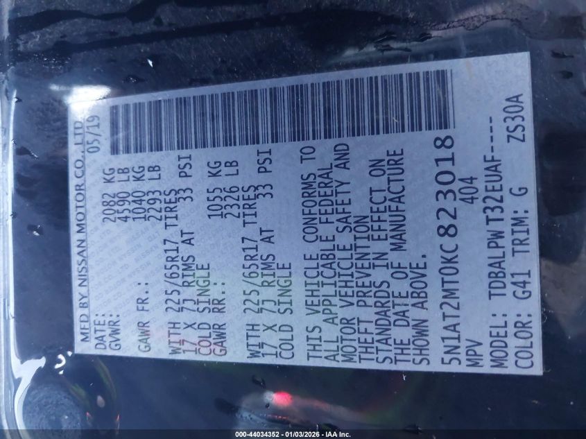 2019 Nissan Rogue S VIN: 5N1AT2MT0KC823018 Lot: 44034352