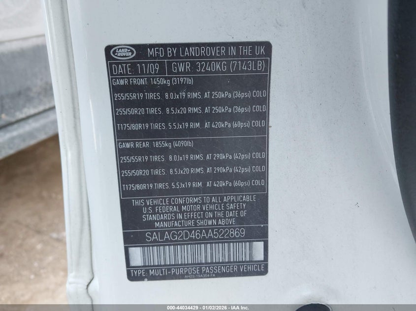 2010 Land Rover Lr4 VIN: SALAG2D46AA522869 Lot: 44034429