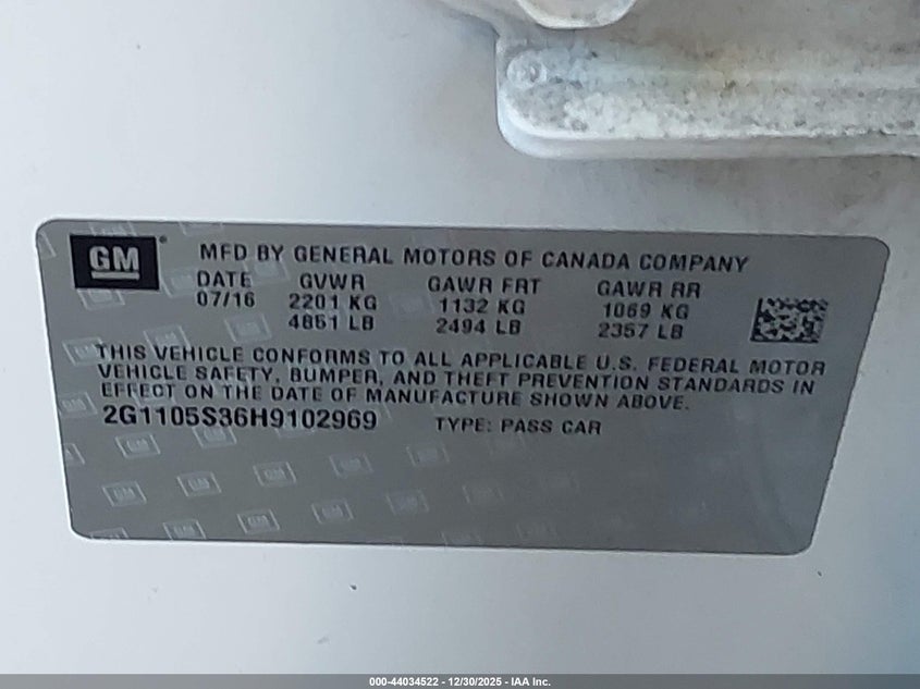 VIN 2G1105S36H9102969 2017 CHEVROLET IMPALA 1LT