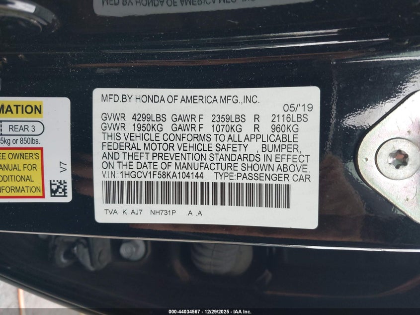 VIN 1HGCV1F58KA104144 2019 HONDA ACCORD EX-L
