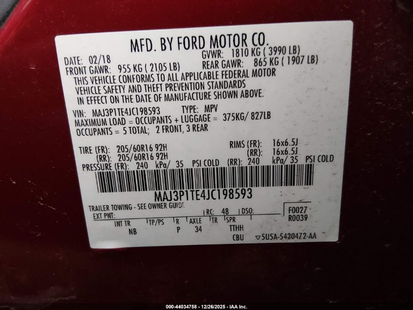 2018 Ford Ecosport Se VIN: MAJ3P1TE4JC198593 Lot: 44034758