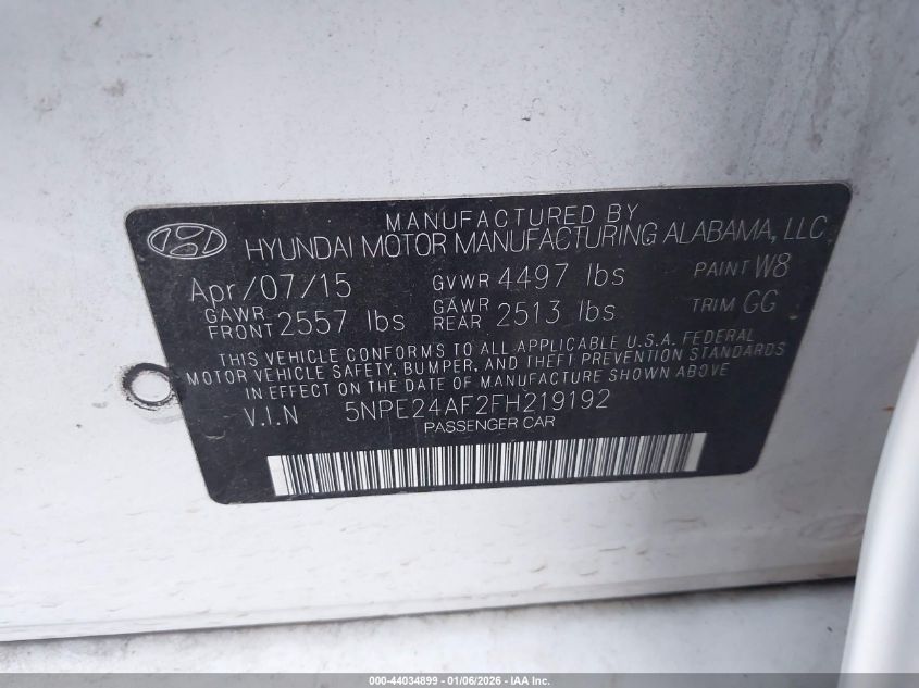 2015 Hyundai Sonata Se VIN: 5NPE24AF2FH219192 Lot: 44034899