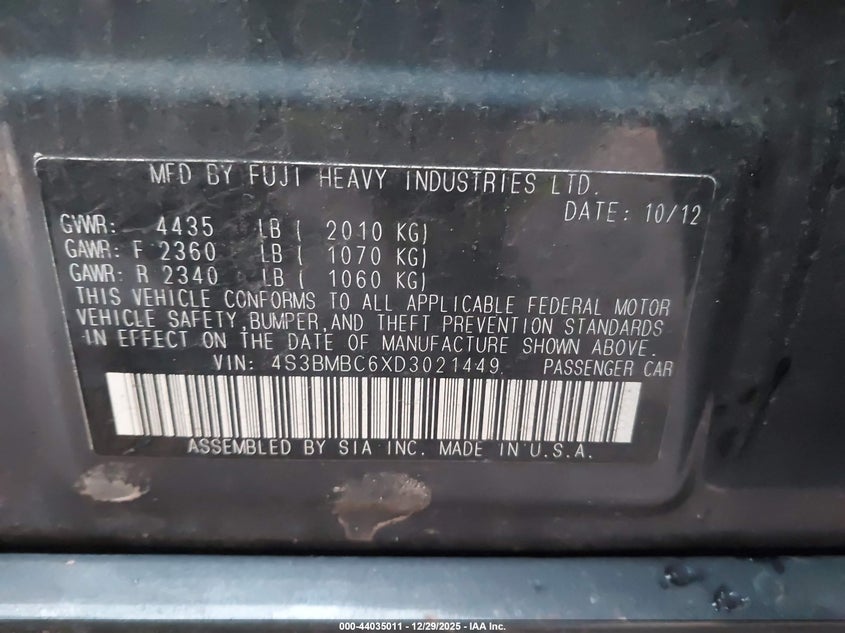 2013 Subaru Legacy 2.5I Premium VIN: 4S3BMBC6XD3021449 Lot: 44035011