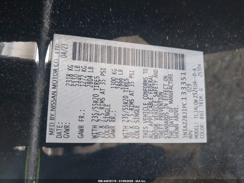 2023 Nissan Murano Sv Fwd VIN: 5N1AZ2BJ1PC133351 Lot: 44035119