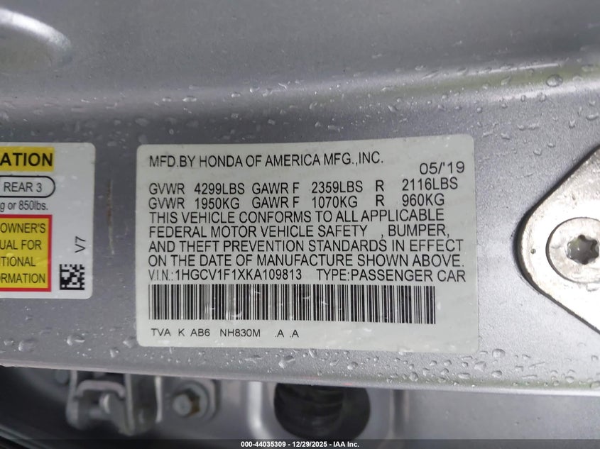 VIN 1HGCV1F1XKA109813 2019 HONDA ACCORD LX