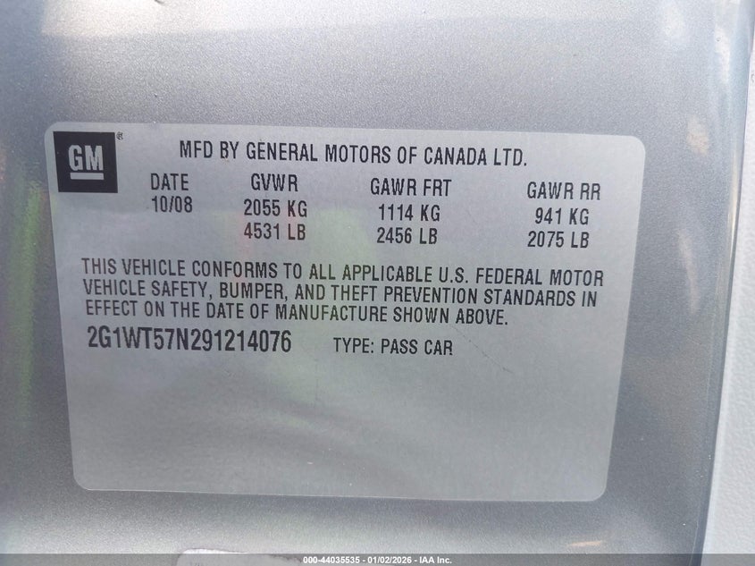 2009 Chevrolet Impala Lt VIN: 2G1WT57N291214076 Lot: 44035535