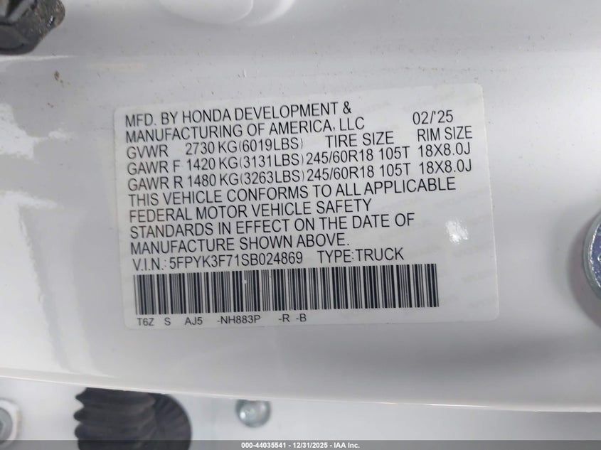 VIN 5FPYK3F71SB024869 2025 HONDA RIDGELINE TRAILSPORT+