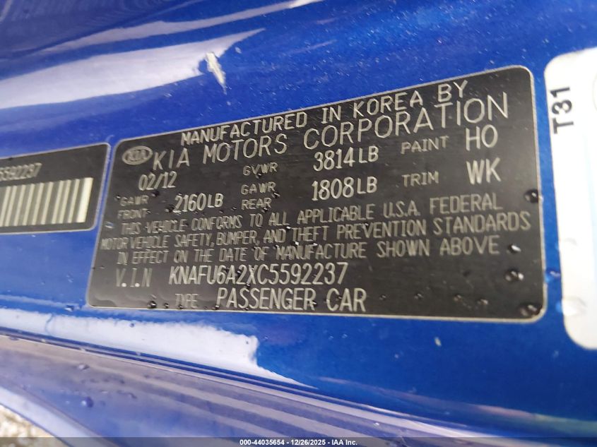 2012 Kia Forte Koup Ex VIN: KNAFU6A2XC5592237 Lot: 44035654
