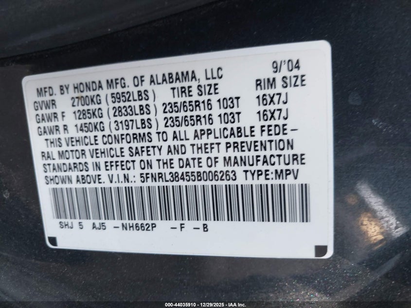 2005 Honda Odyssey Ex VIN: 5FNRL38455B006263 Lot: 44035910