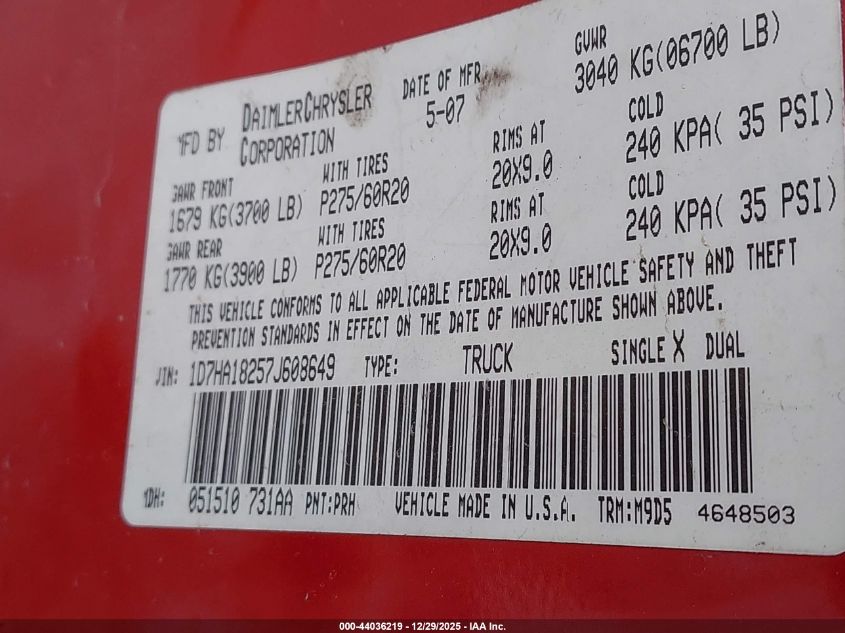 2007 Dodge Ram 1500 Slt VIN: 1D7HA18257J608649 Lot: 44036219