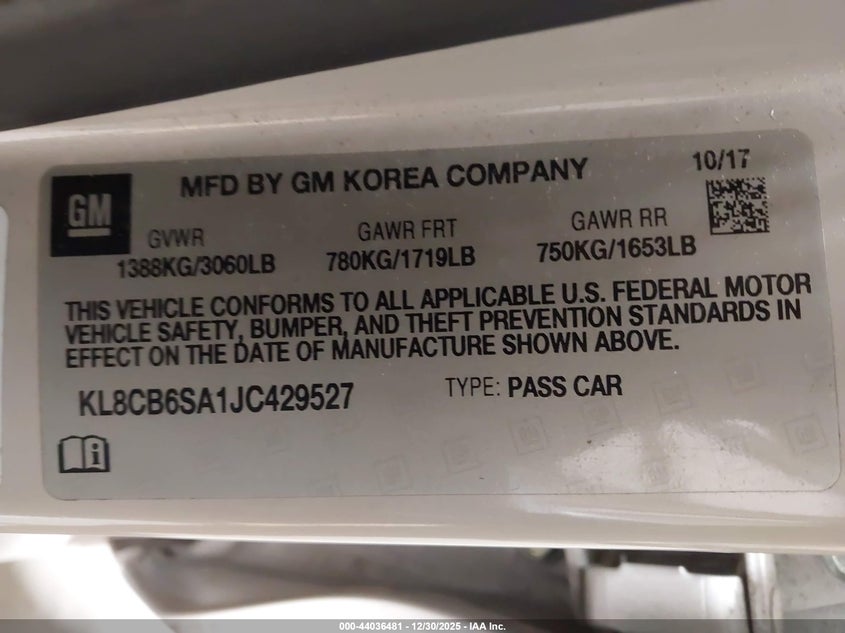 2018 Chevrolet Spark Ls Cvt VIN: KL8CB6SA1JC429527 Lot: 44036481