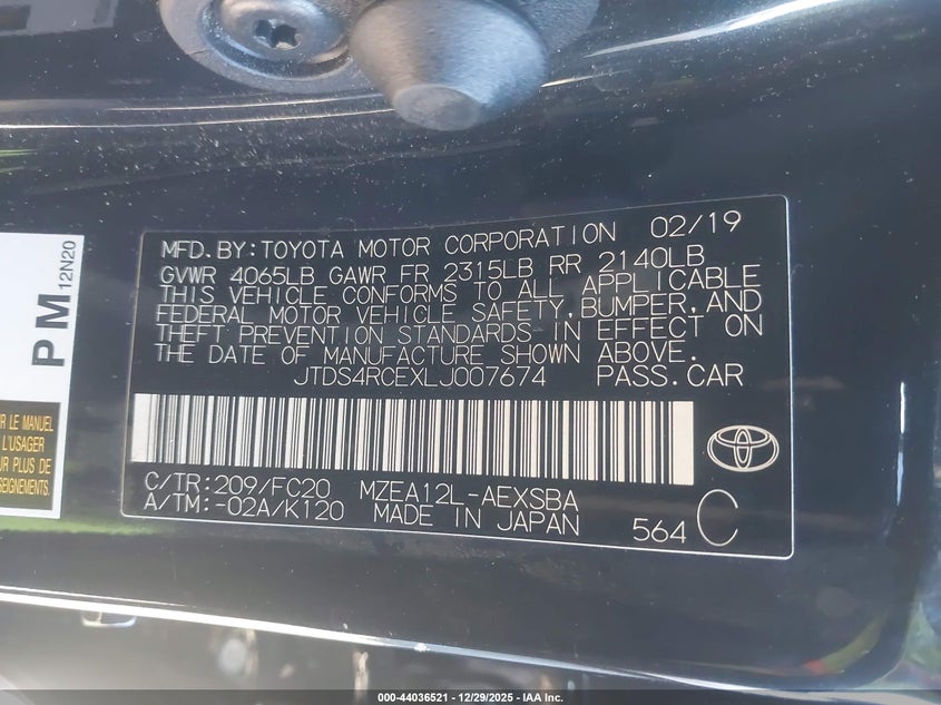 VIN JTDS4RCEXLJ007674 2020 TOYOTA COROLLA SE
