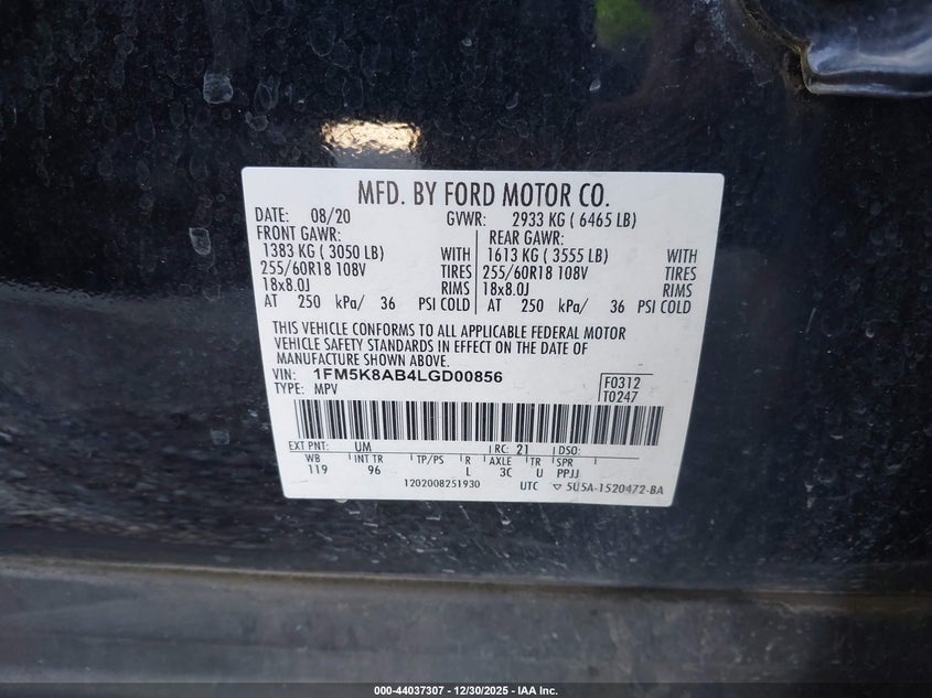 VIN 1FM5K8AB4LGD00856 2020 FORD POLICE INTERCEPTOR UTILITY