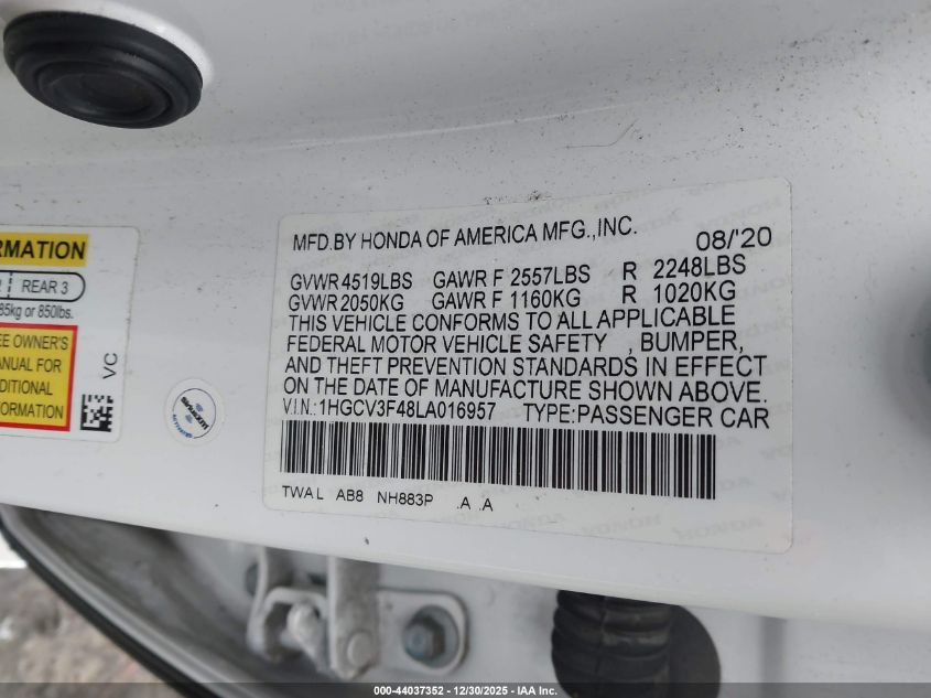 2020 Honda Accord Hybrid Ex VIN: 1HGCV3F48LA016957 Lot: 44037352