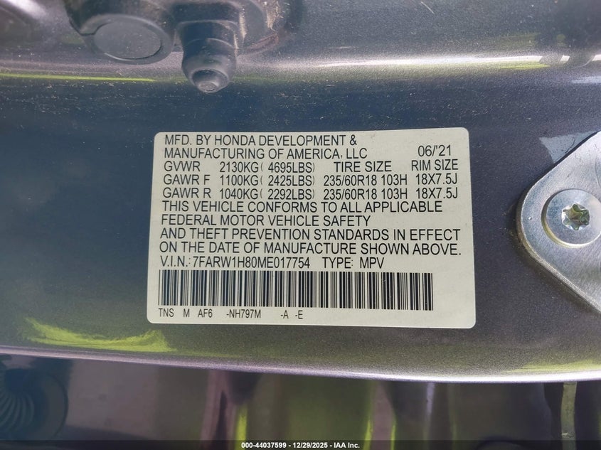VIN 7FARW1H80ME017754 2021 HONDA CR-V 2WD EX-L