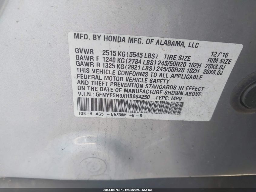 2017 Honda Pilot Touring VIN: 5FNYF5H9XHB004250 Lot: 44037667