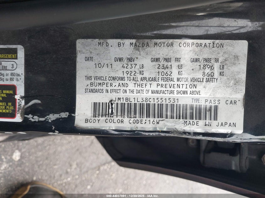 2012 Mazda 3 2.3 speed Touring black Lot 111044037891 Vin JM1BL1L38C1551531