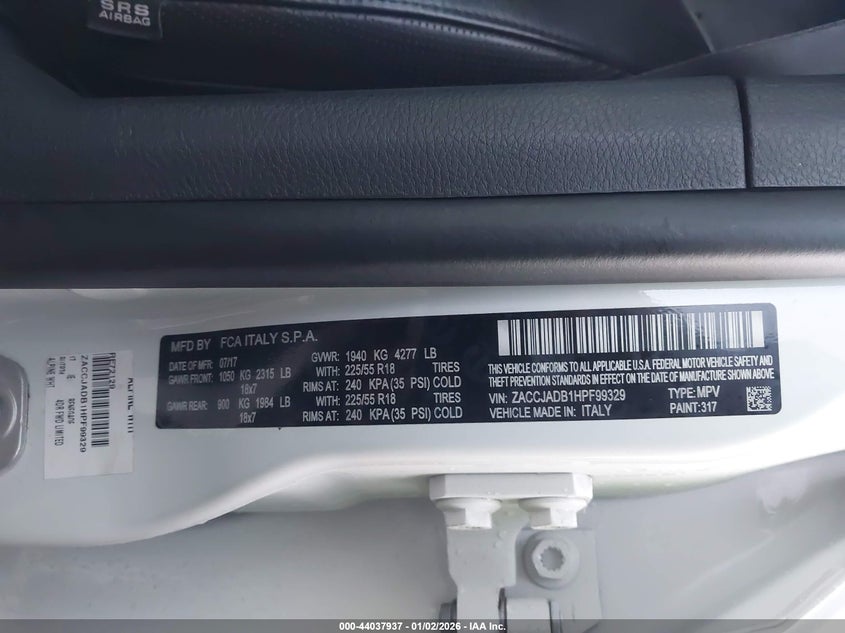 VIN ZACCJADB1HPF99329 2017 JEEP RENEGADE LIMITED FWD