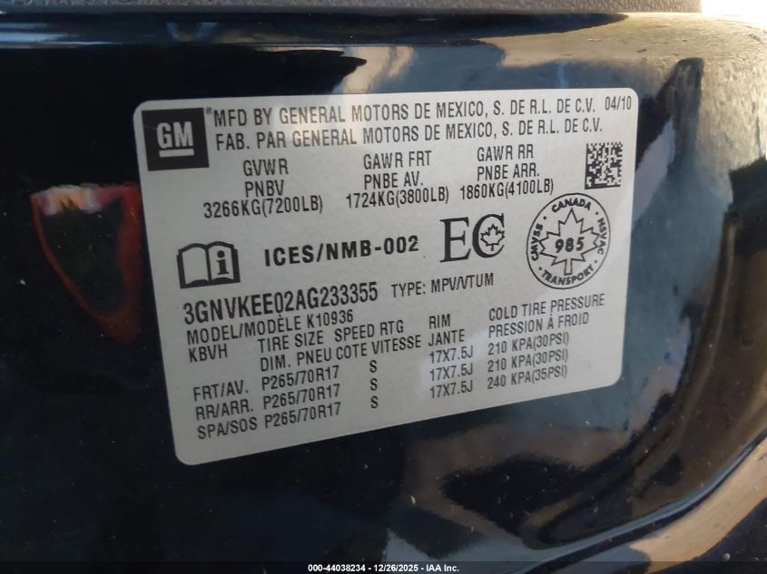 2010 Chevrolet Avalanche 1500 Ls VIN: 3GNVKEE02AG233355 Lot: 44038234