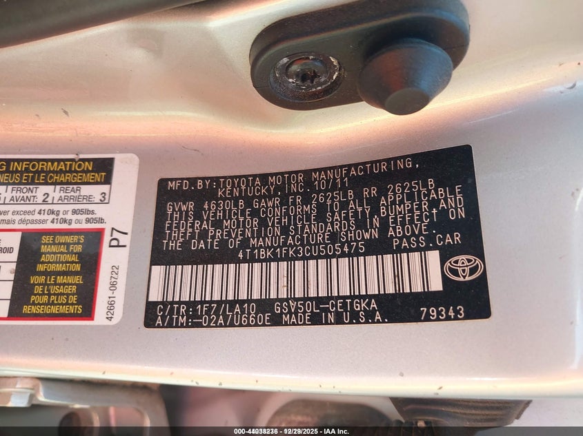 2012 Toyota Camry 3.5 Se V6/Xle V6 silver Lot 111044038236 Vin 4T1BK1FK4CUS05475