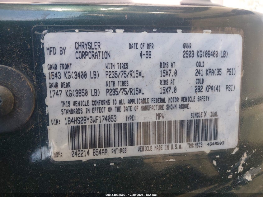 1998 Dodge Durango Slt VIN: 1B4HS28Y3WF174053 Lot: 44038502