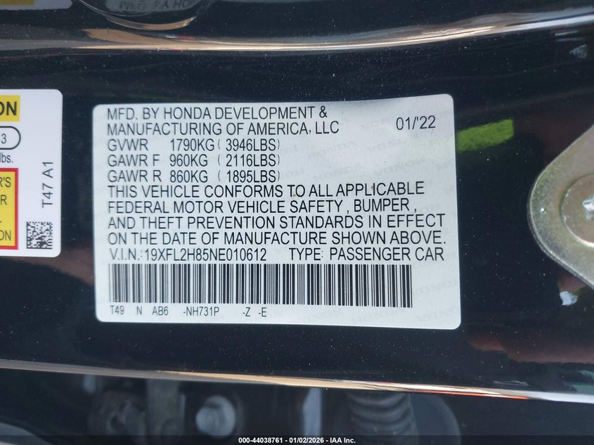 VIN 19XFL2H85NE010612 2022 HONDA CIVIC SPORT