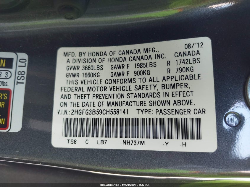 2012 Honda Civic 1.8 Lx grey Lot 111044039143 Vin 2HGFG3B59CH558141