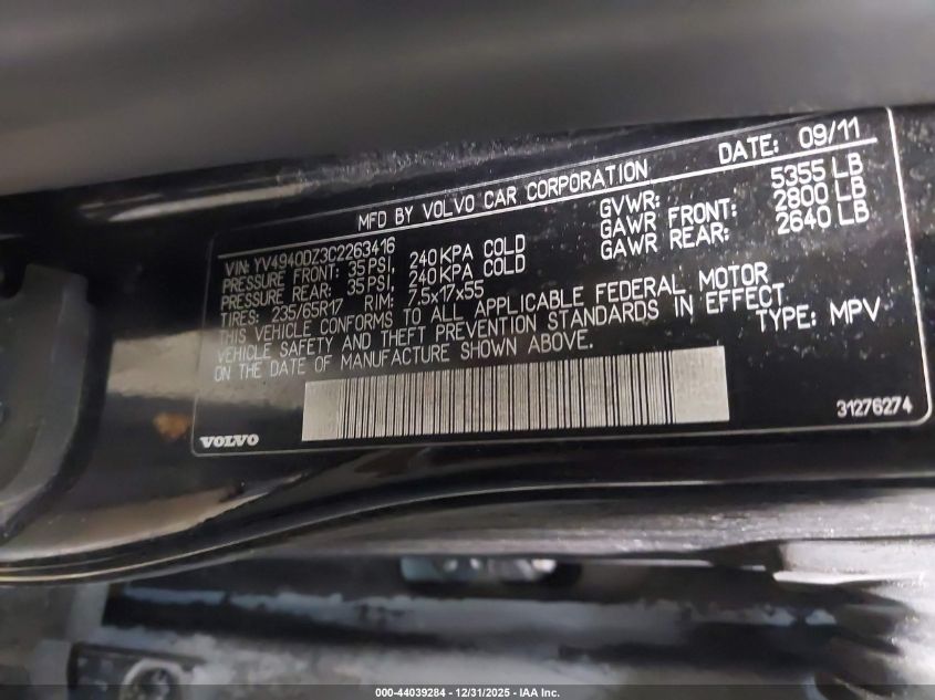 2012 Volvo Xc60 3.2 Premier VIN: YV4940DZ3C2263416 Lot: 44039284