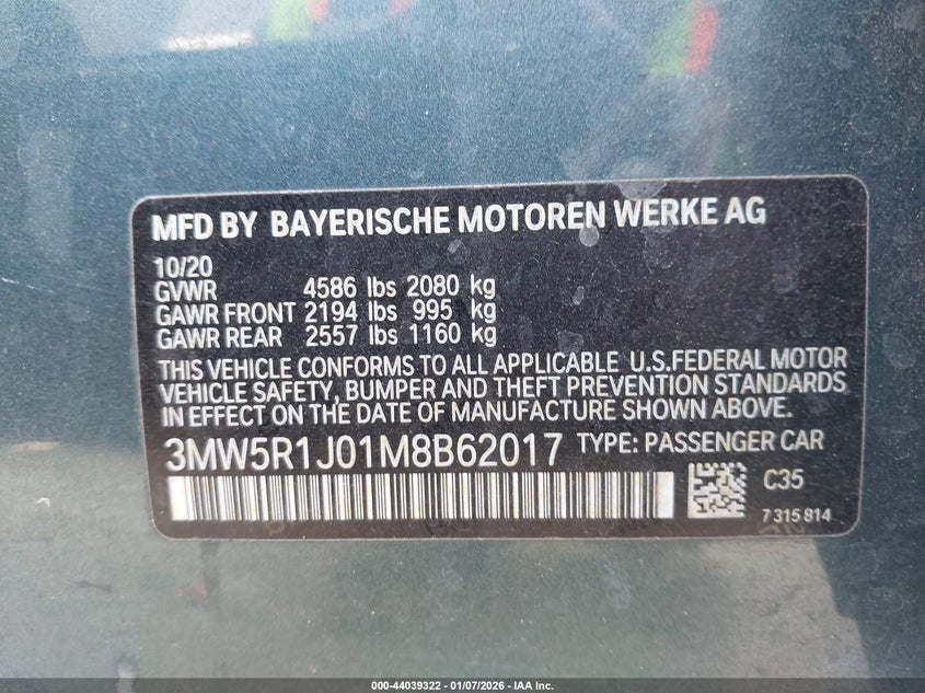 2021 BMW 330I VIN: 3MW5R1J01M8B62017 Lot: 44039322