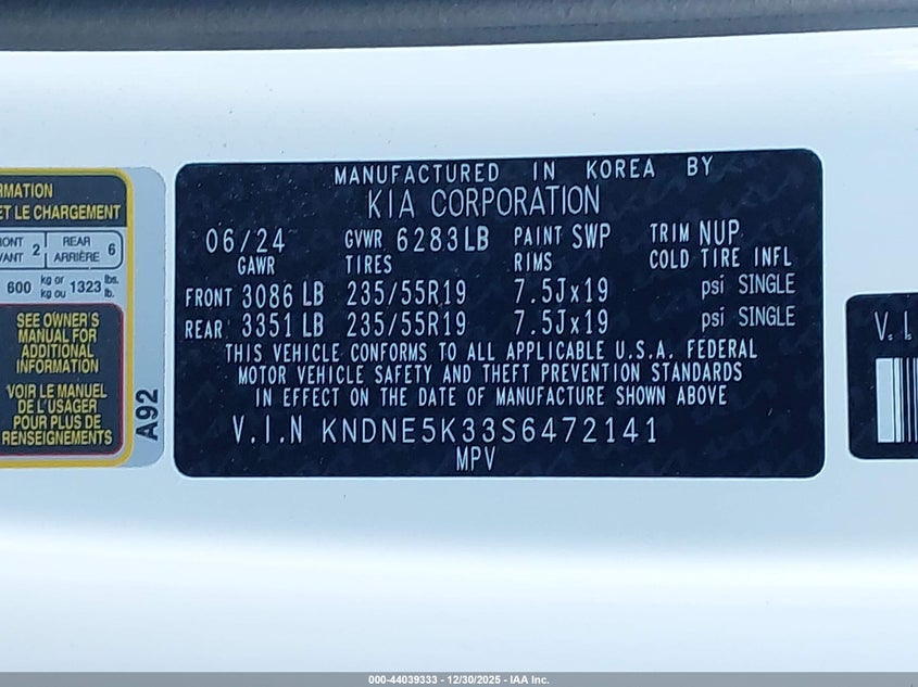 VIN KNDNE5K33S6472141 2025 KIA CARNIVAL MPV SX