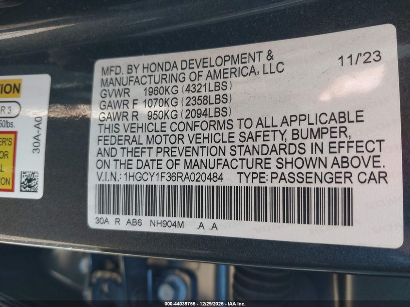 VIN 1HGCY1F36RA020484 2024 HONDA ACCORD EX