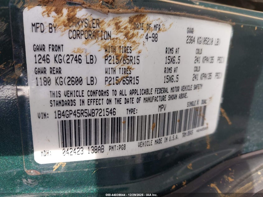 1998 Dodge Caravan Se VIN: 1B4GP45R5WB721546 Lot: 44039844